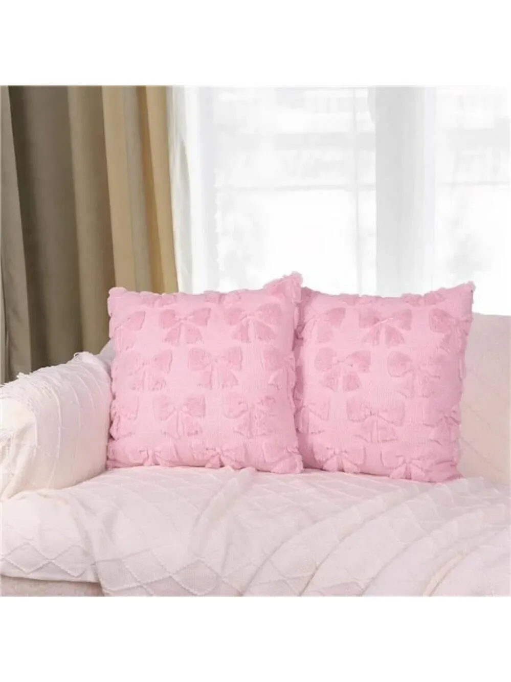 Pink Bow Pillow Covers 18x18 Set of 2 Plush Faux Fur Coquette Christmas Cushion